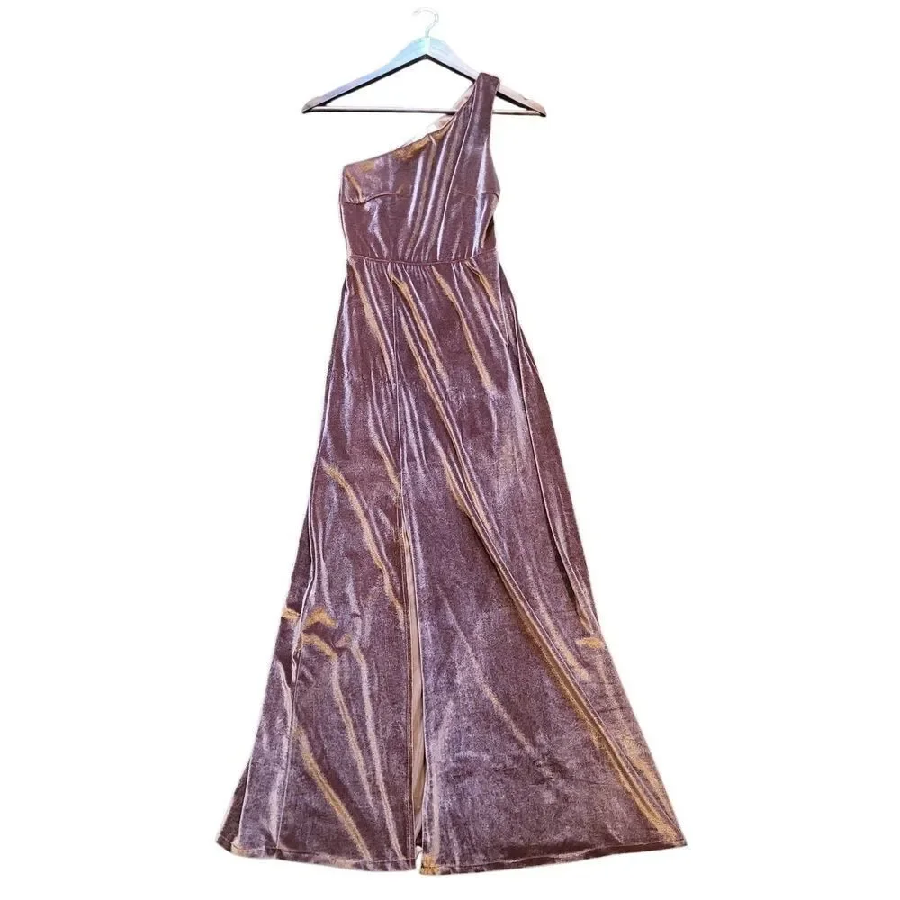 Baltic Born Dress Women's XS Desert Rose Brown Tatiana Velvet One Shoulder Maxi